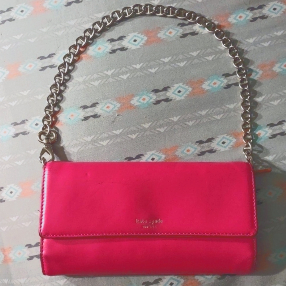 Kate Spade pink leather clutch handbag purse wristlet wallet mariner chain strap